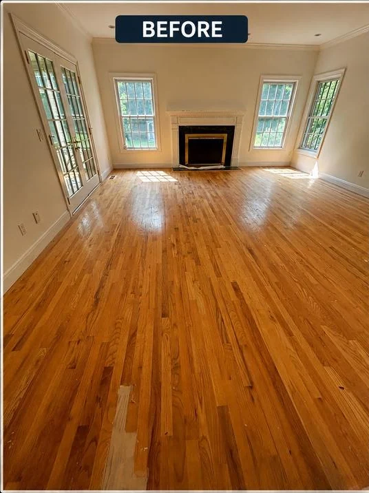 Before: Whole-floor refinish, light natural finish