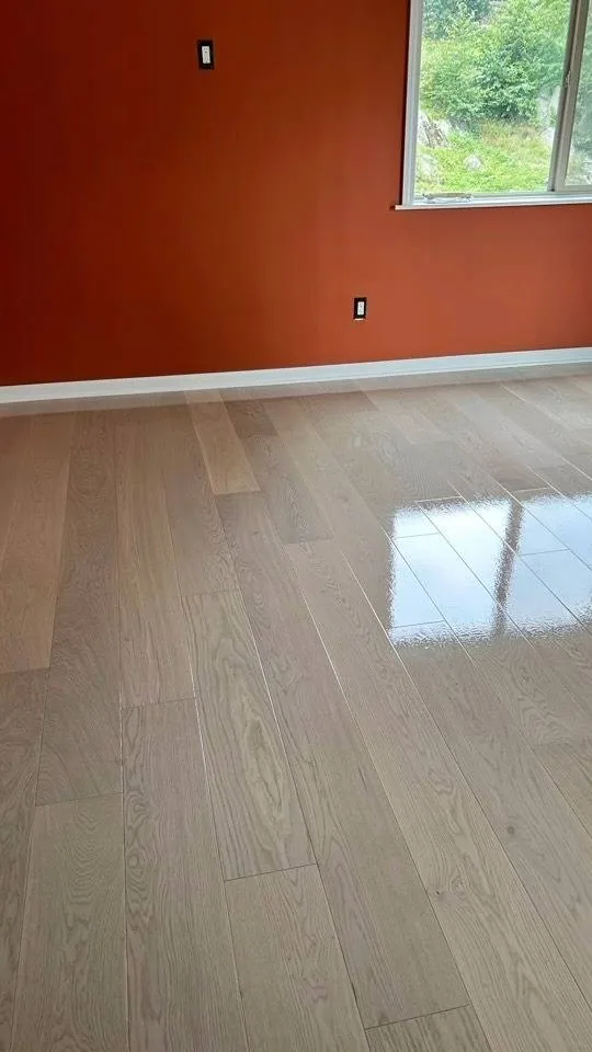 Light oak floor against an orange accent wall