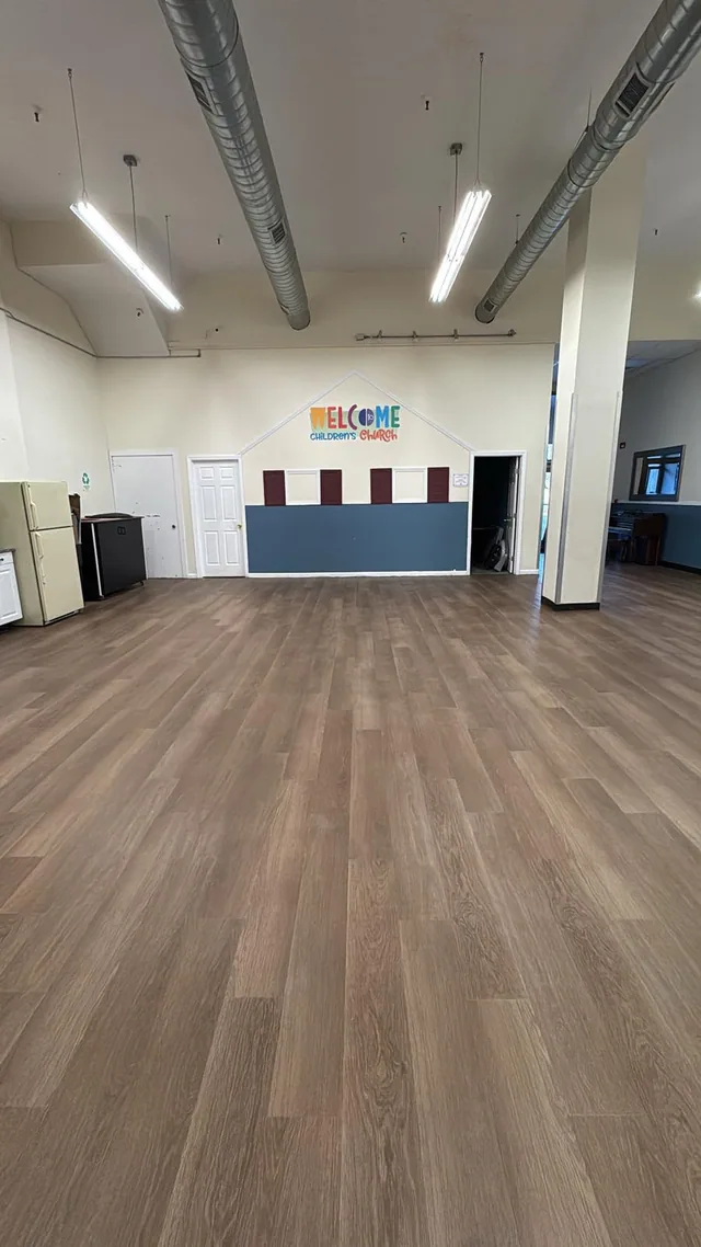 Plank flooring in an open commercial space